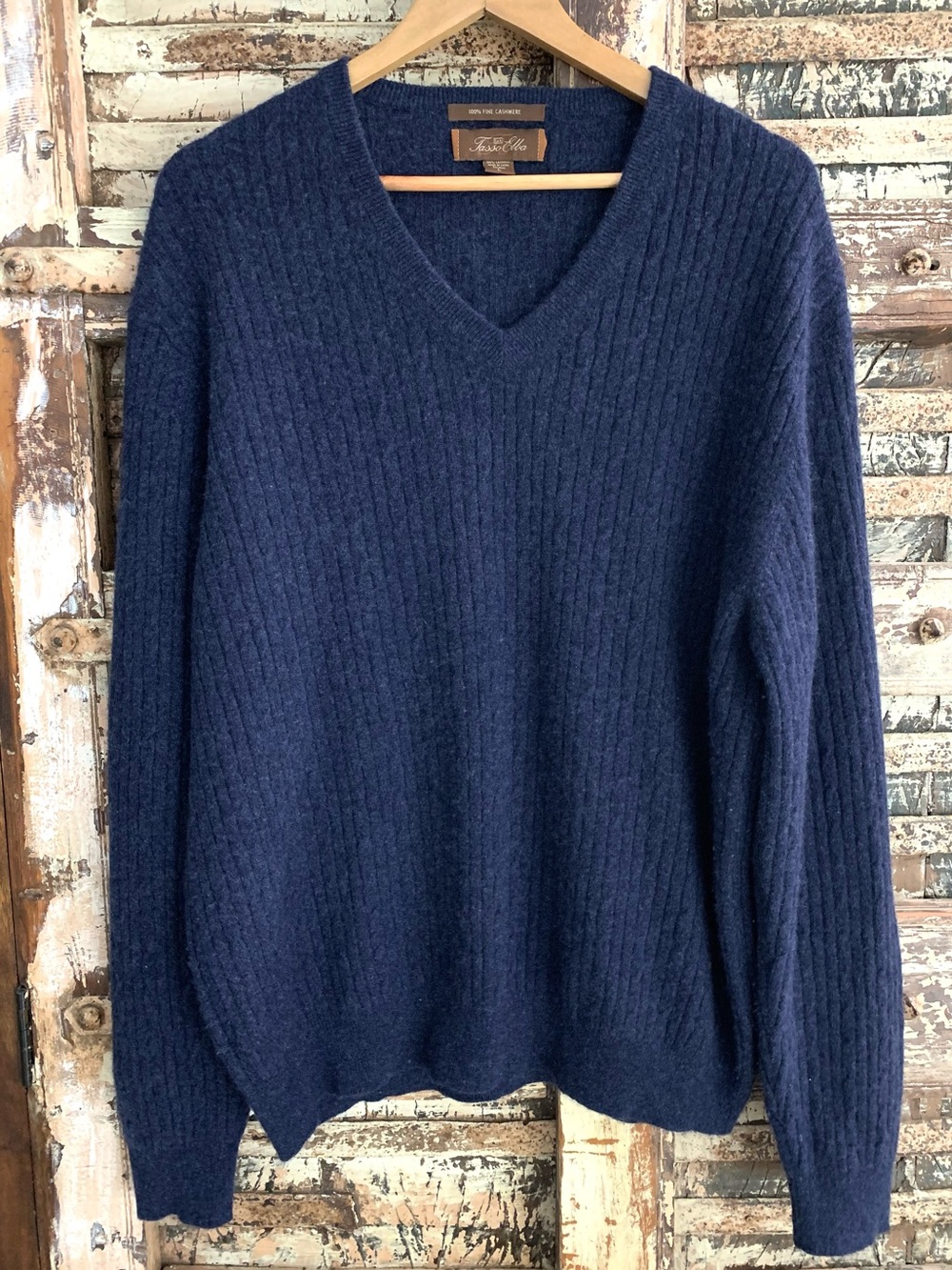 Tasso Elba Navy 100% Cashmere Soft V-Neck Cable Knit Pullover Sweater Coastal, L